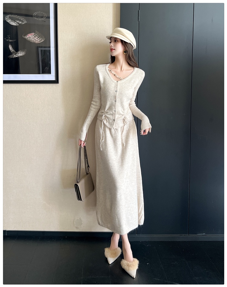 Pinched waist cardigan knitted skirt 2pcs set for women