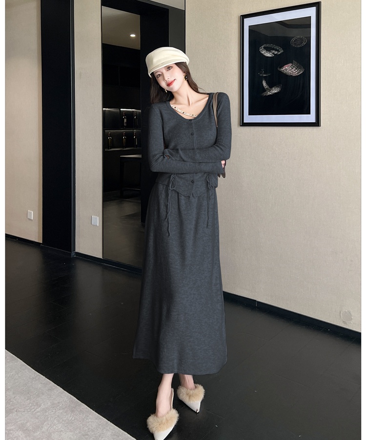 Pinched waist cardigan knitted skirt 2pcs set for women
