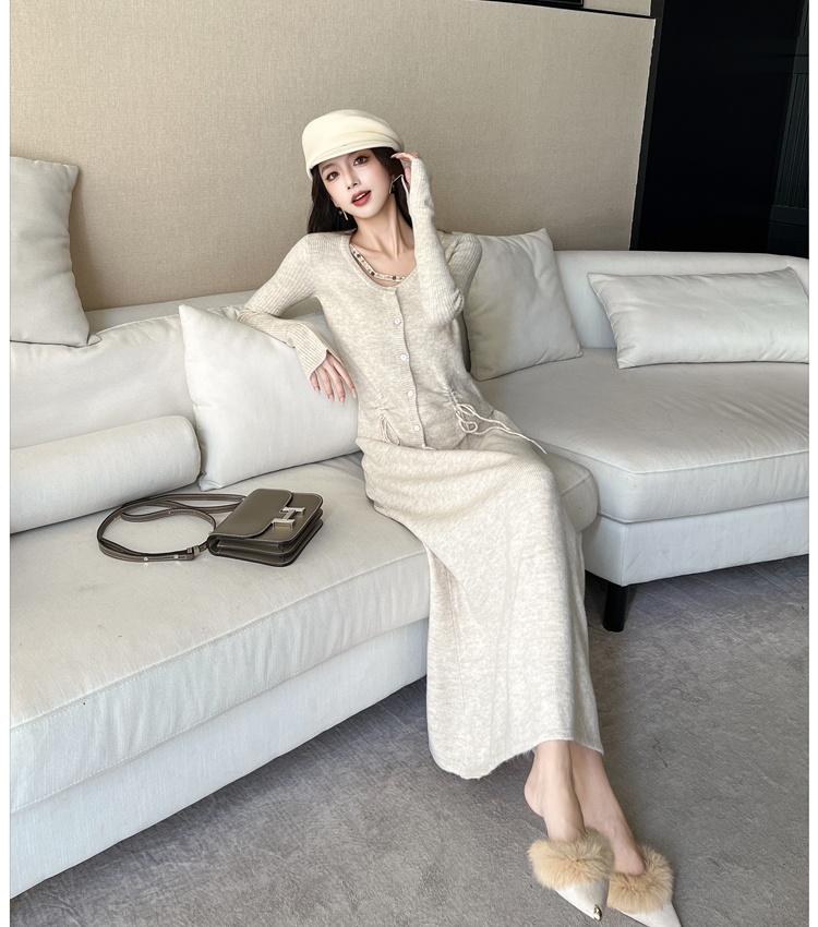 Pinched waist cardigan knitted skirt 2pcs set for women