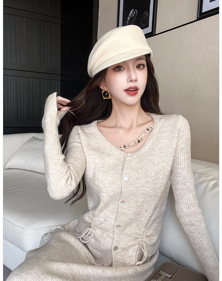 Pinched waist cardigan knitted skirt 2pcs set for women