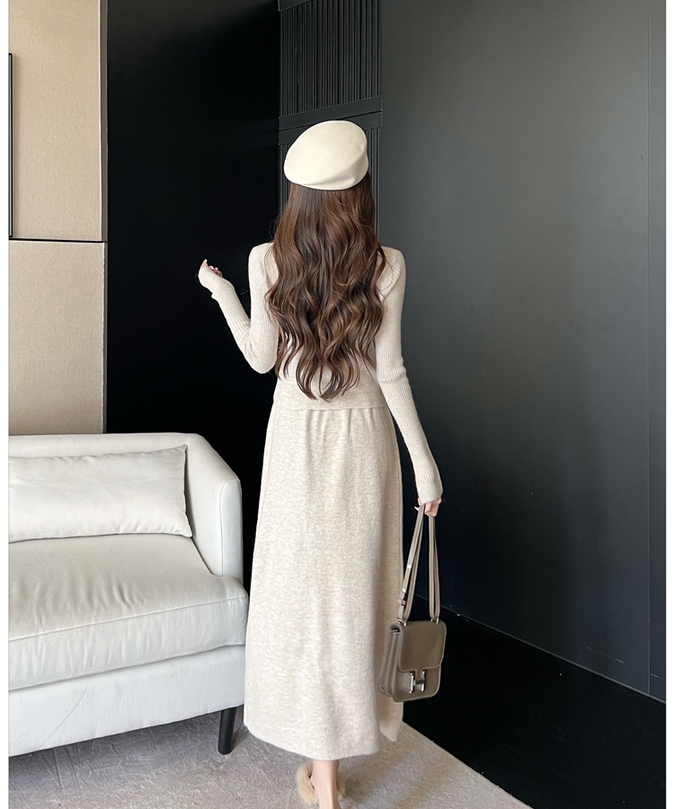 Pinched waist cardigan knitted skirt 2pcs set for women