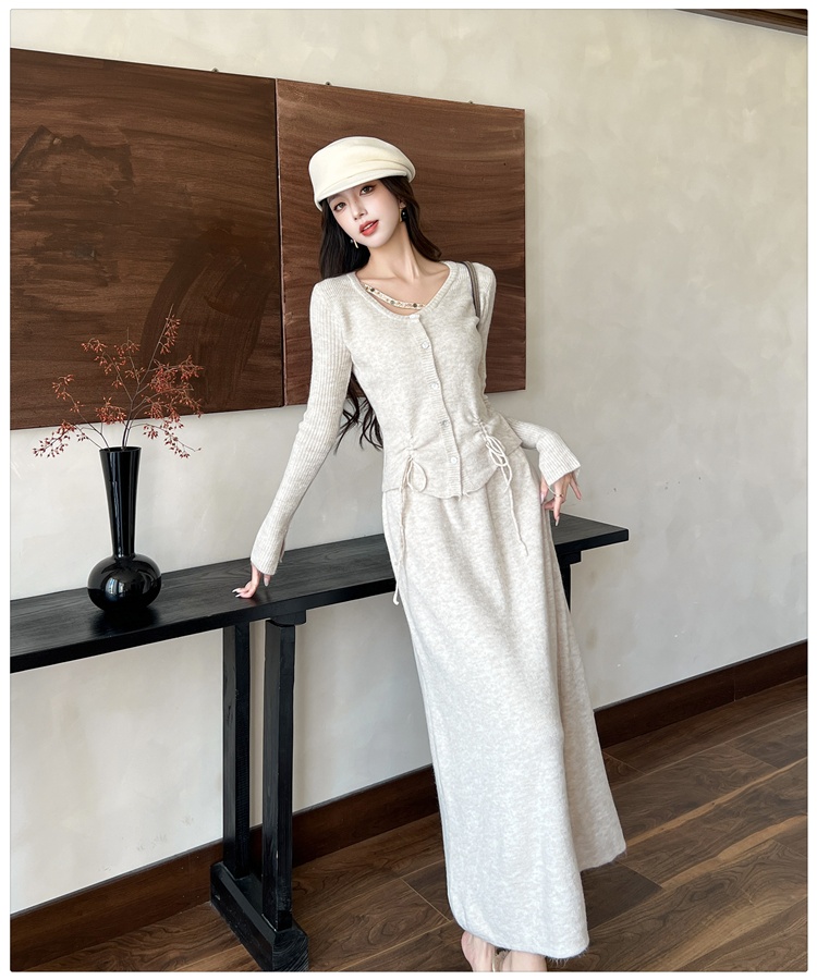 Pinched waist cardigan knitted skirt 2pcs set for women