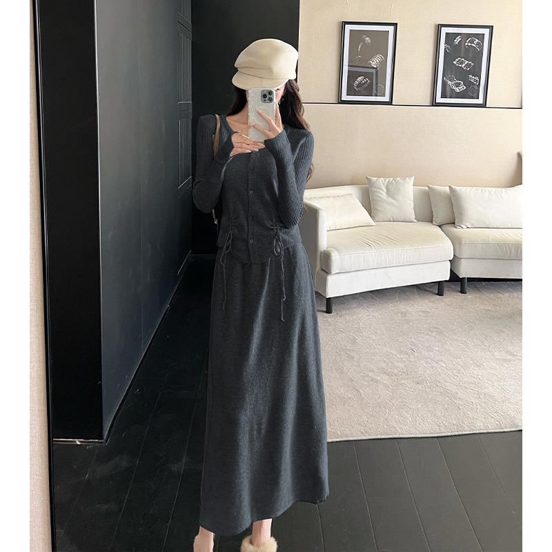 Pinched waist cardigan knitted skirt 2pcs set for women