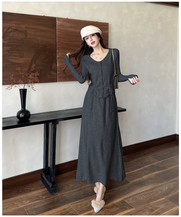 Pinched waist cardigan knitted skirt 2pcs set for women