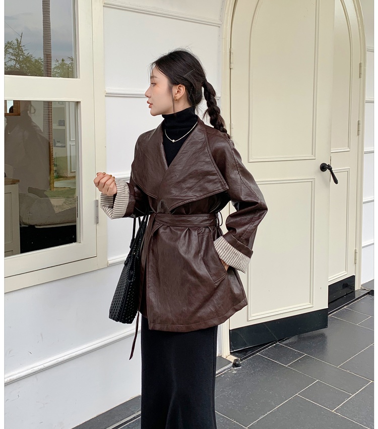 Brown locomotive jacket retro autumn leather coat for women