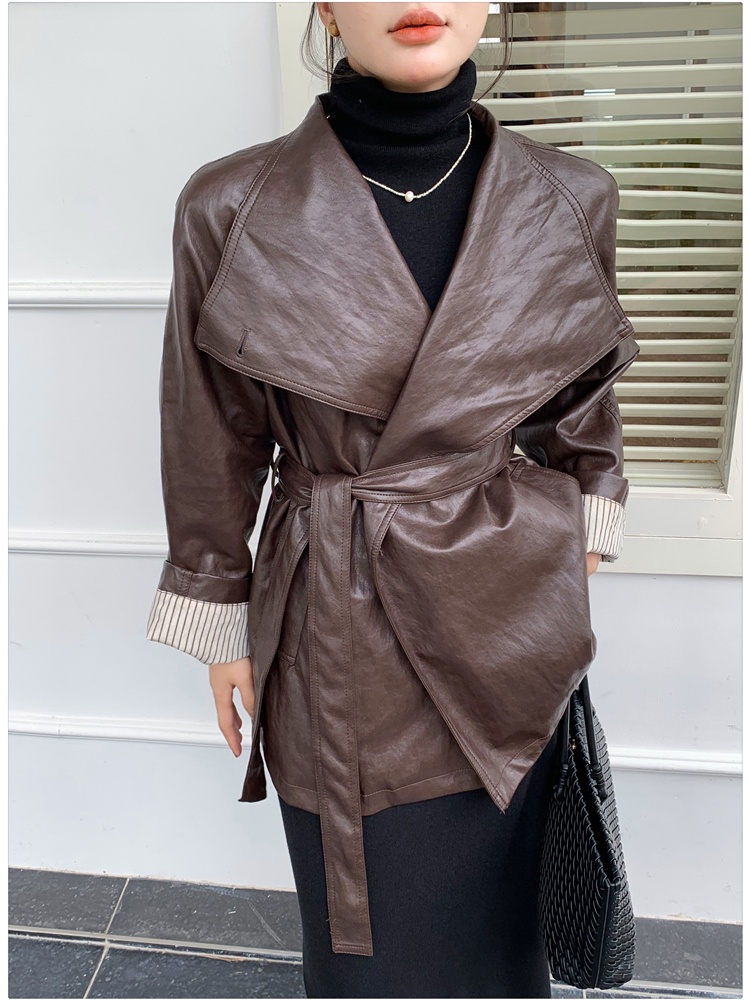 Brown locomotive jacket retro autumn leather coat for women