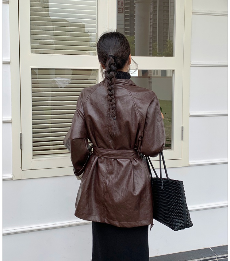 Brown locomotive jacket retro autumn leather coat for women