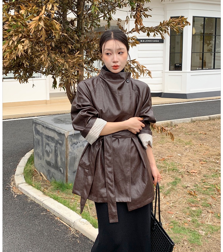 Brown locomotive jacket retro autumn leather coat for women