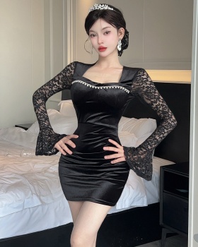 Rhinestone splice evening dress velvet dress for women