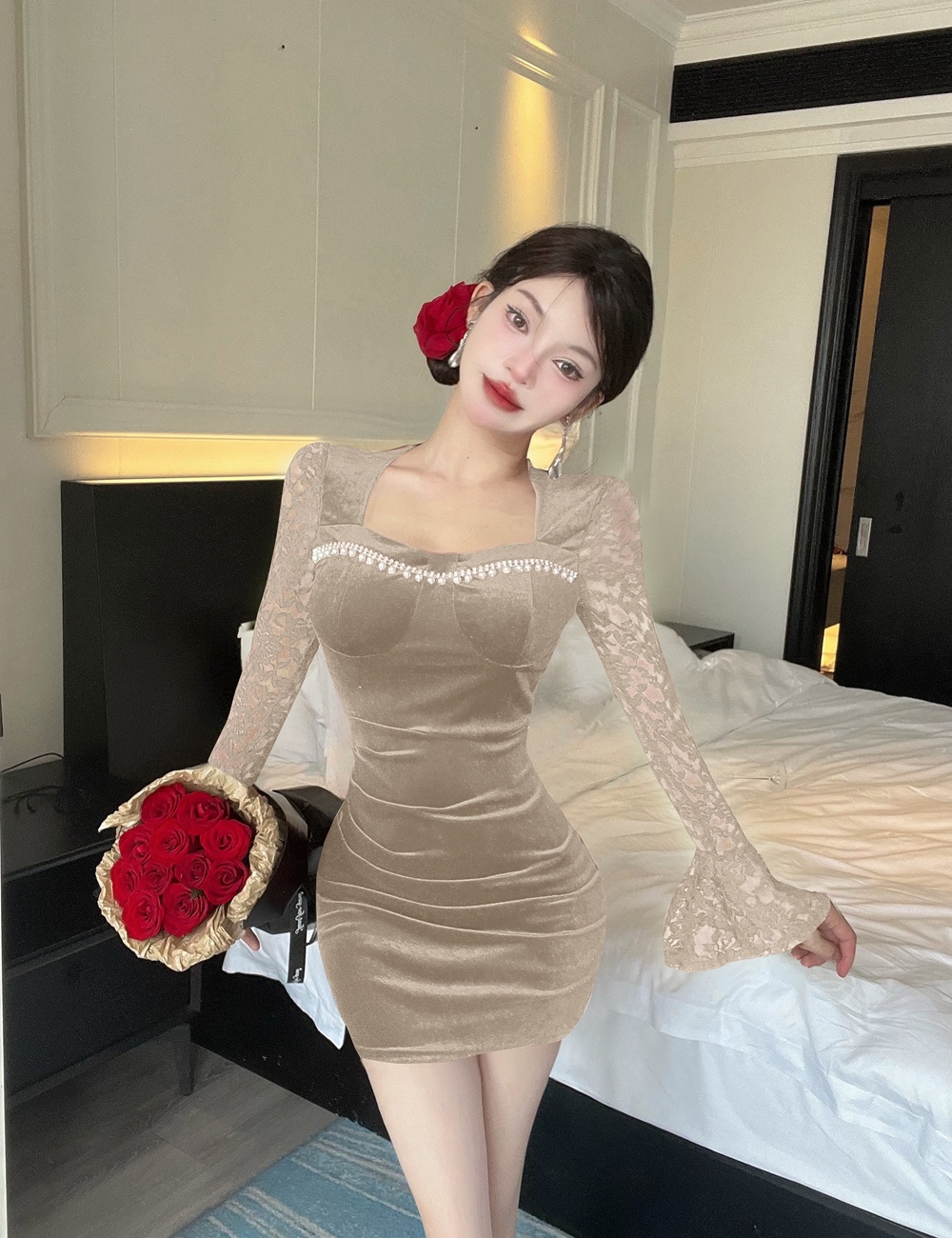 Rhinestone splice evening dress velvet dress for women