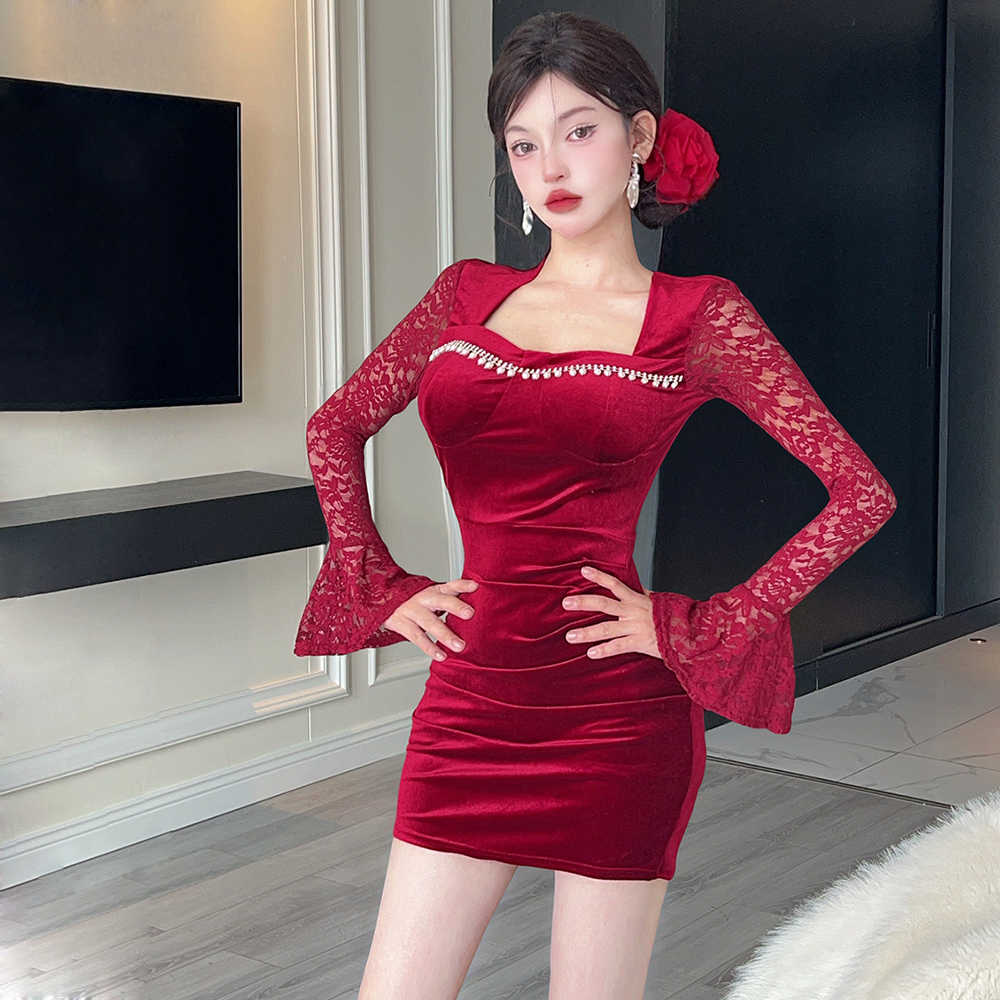 Rhinestone splice evening dress velvet dress for women