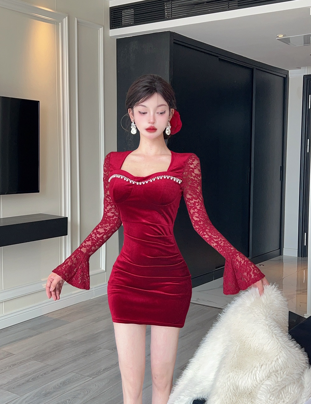 Rhinestone splice evening dress velvet dress for women