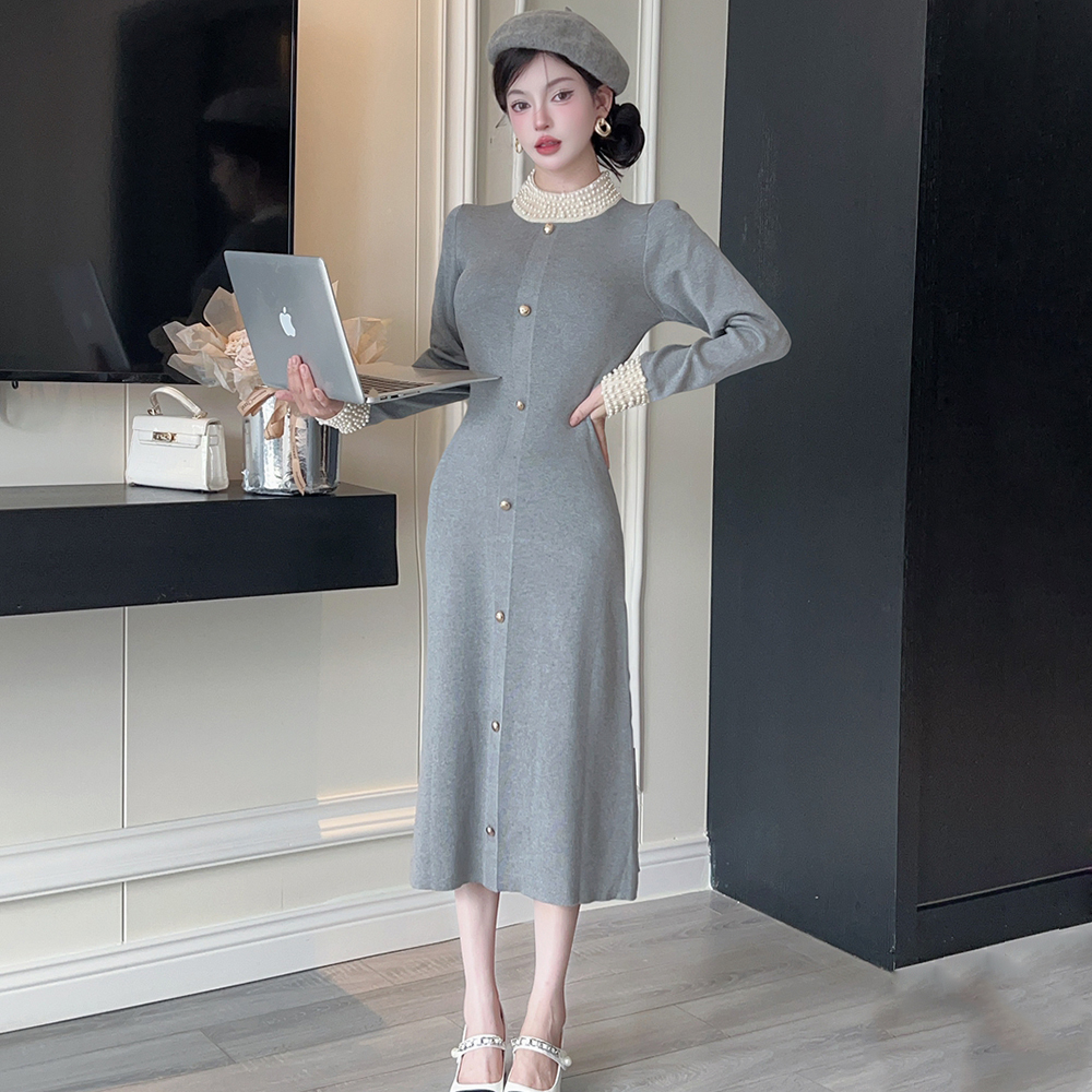Beading sweater retro long dress