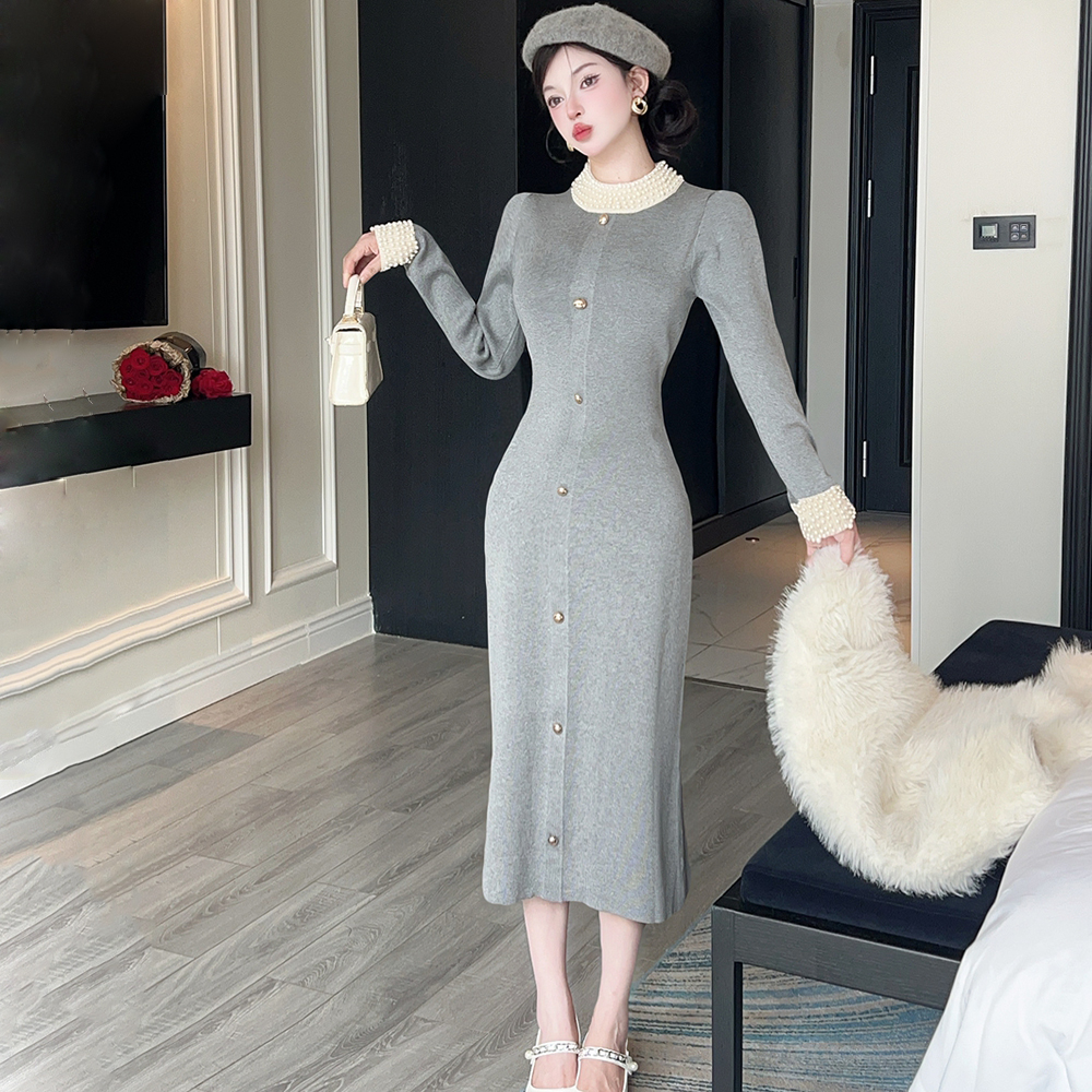 Beading sweater retro long dress