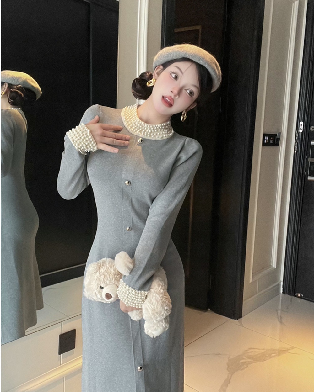 Beading sweater retro long dress