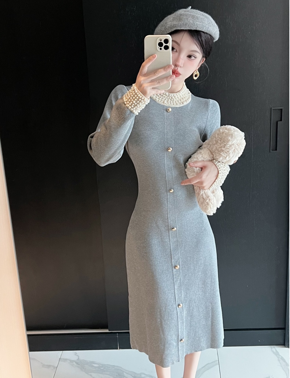 Beading sweater retro long dress