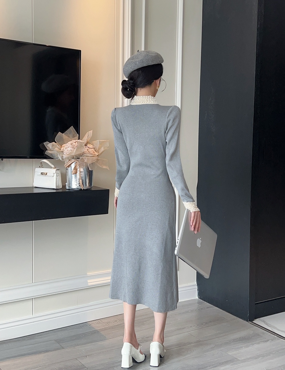 Beading sweater retro long dress