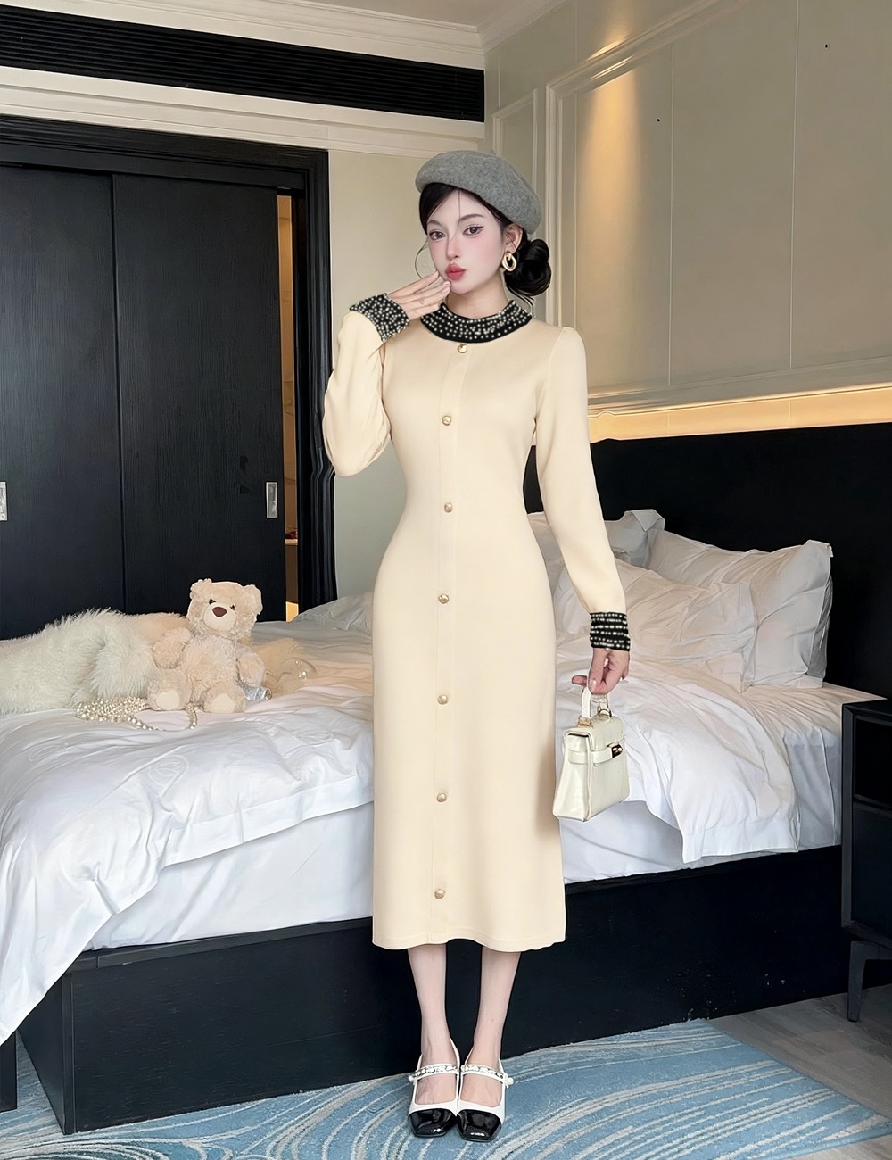 Beading sweater retro long dress