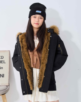 Loose large fur collar cotton coat hooded thermal coat