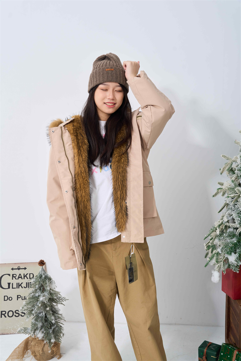 Loose large fur collar cotton coat hooded thermal coat