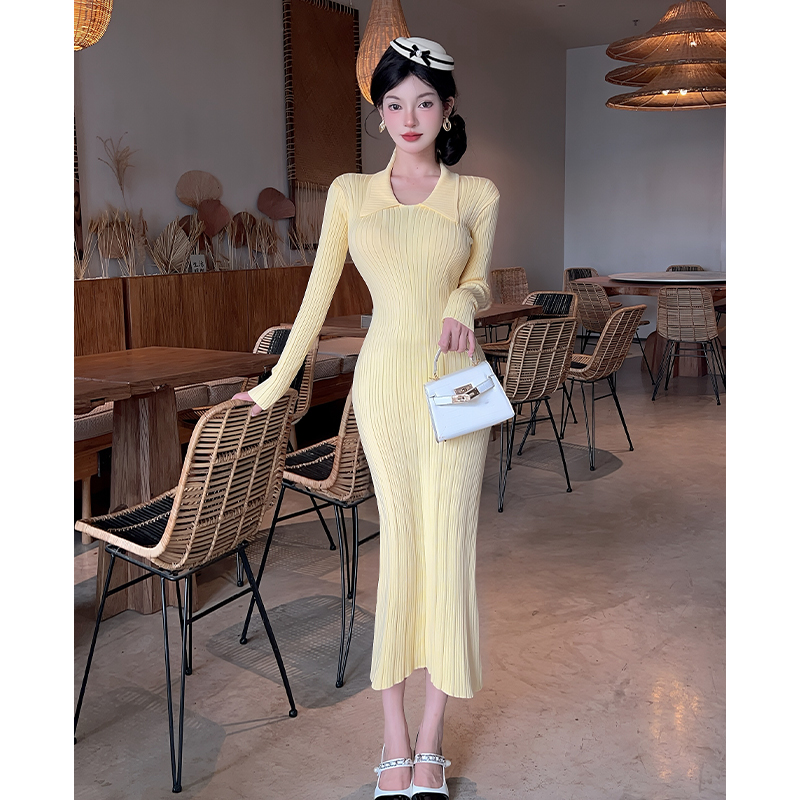 Slim lapel long dress temperament dress