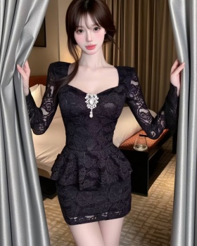 France style trumpet sleeves slim autumn package hip dress