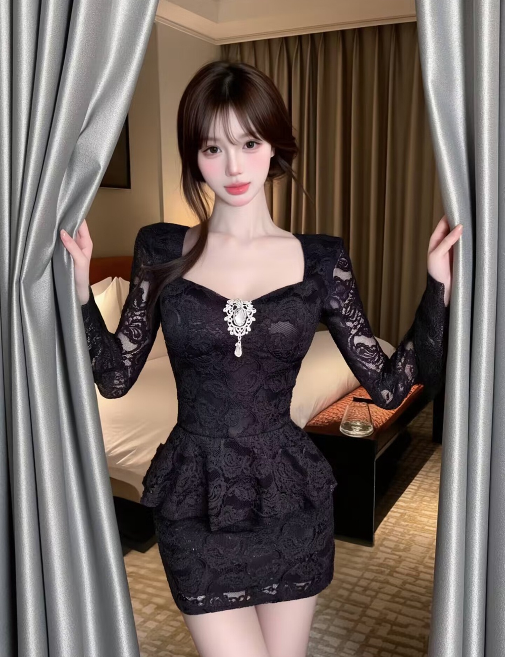 France style trumpet sleeves slim autumn package hip dress