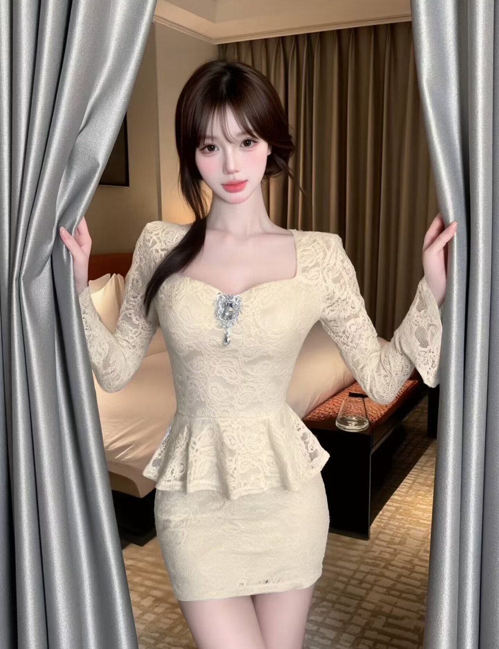 France style trumpet sleeves slim autumn package hip dress
