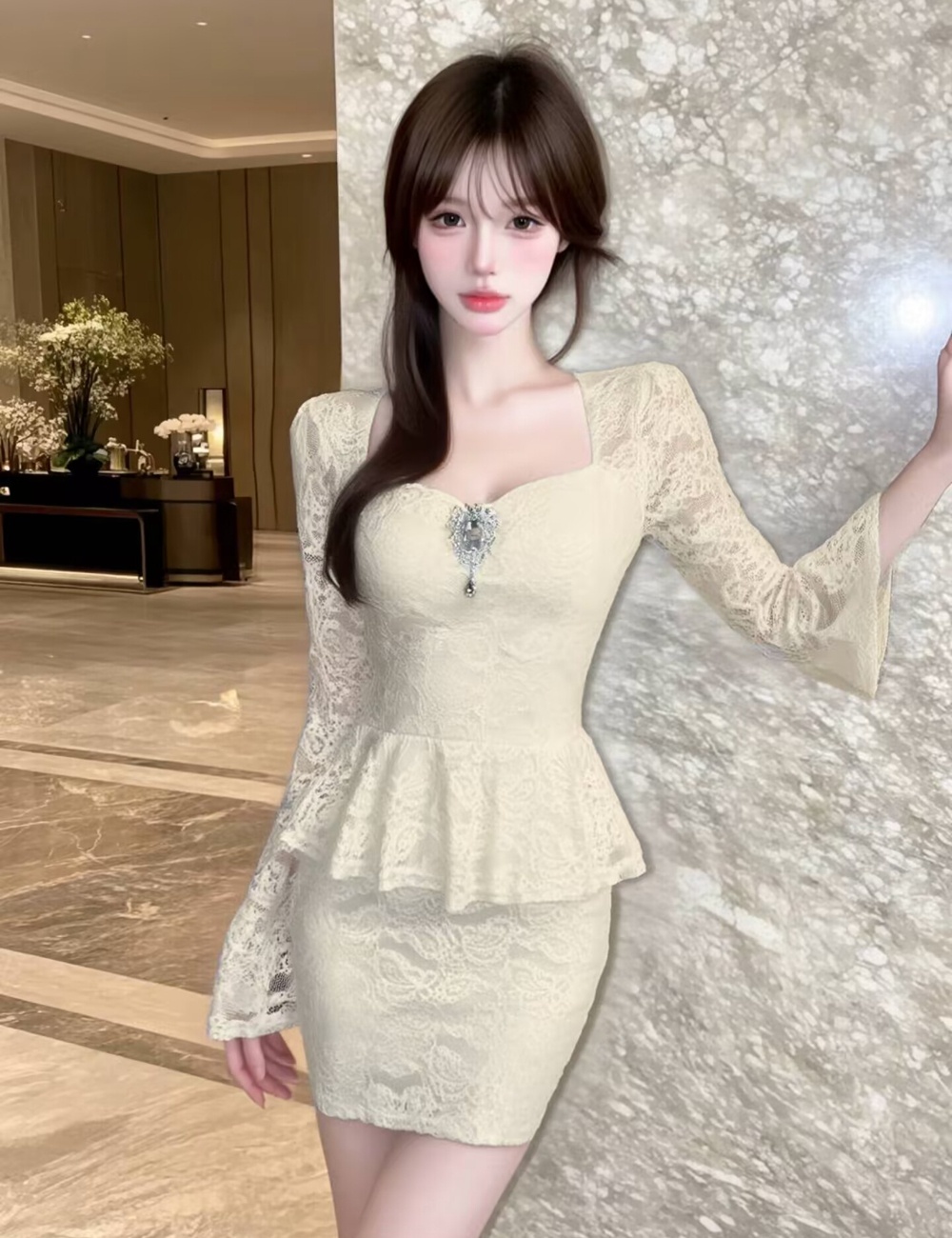 France style trumpet sleeves slim autumn package hip dress