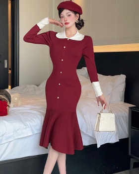 Long sleeve lapel mixed colors pinched waist slim dress