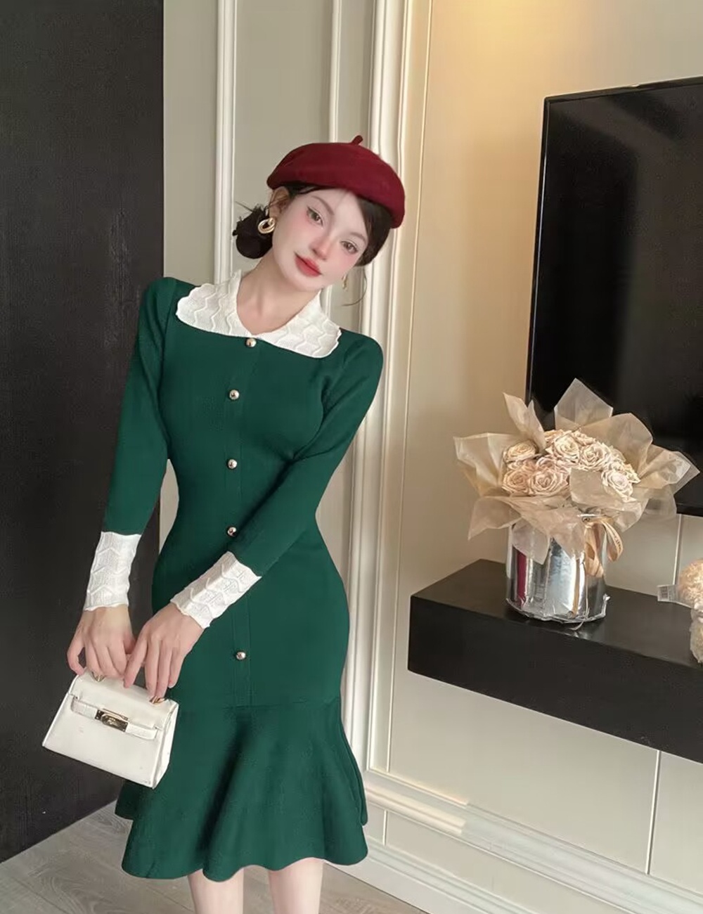Long sleeve lapel mixed colors pinched waist slim dress