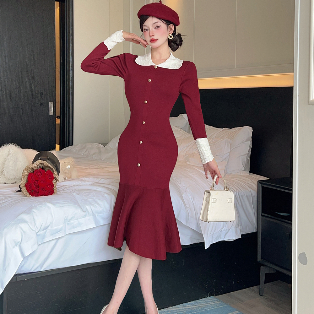 Long sleeve lapel mixed colors pinched waist slim dress