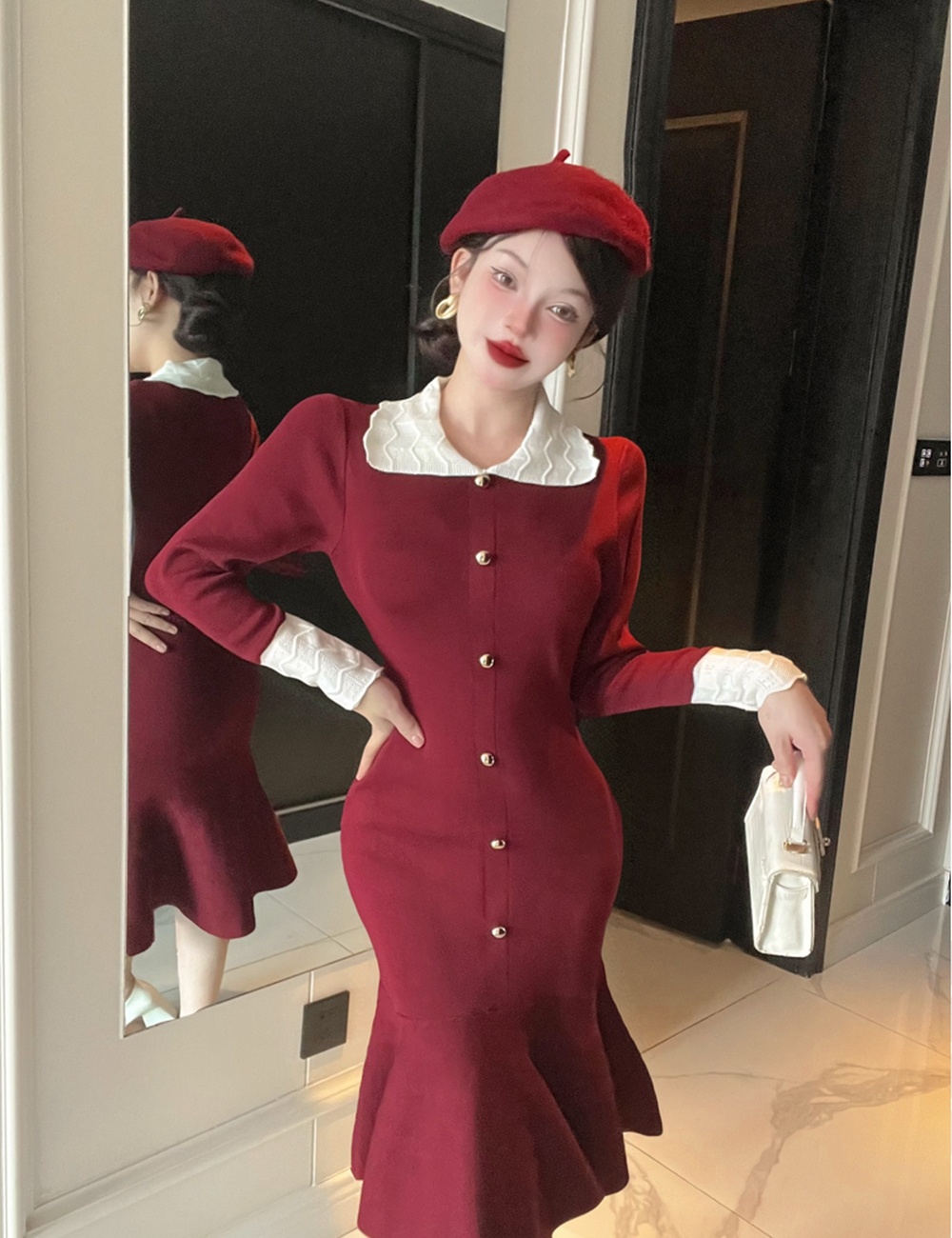 Long sleeve lapel mixed colors pinched waist slim dress