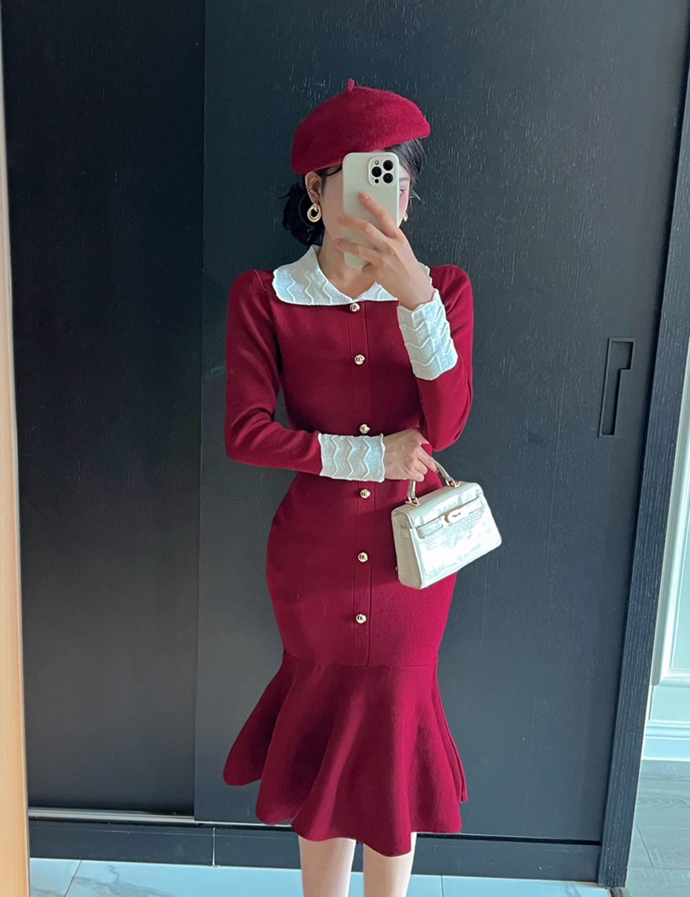 Long sleeve lapel mixed colors pinched waist slim dress