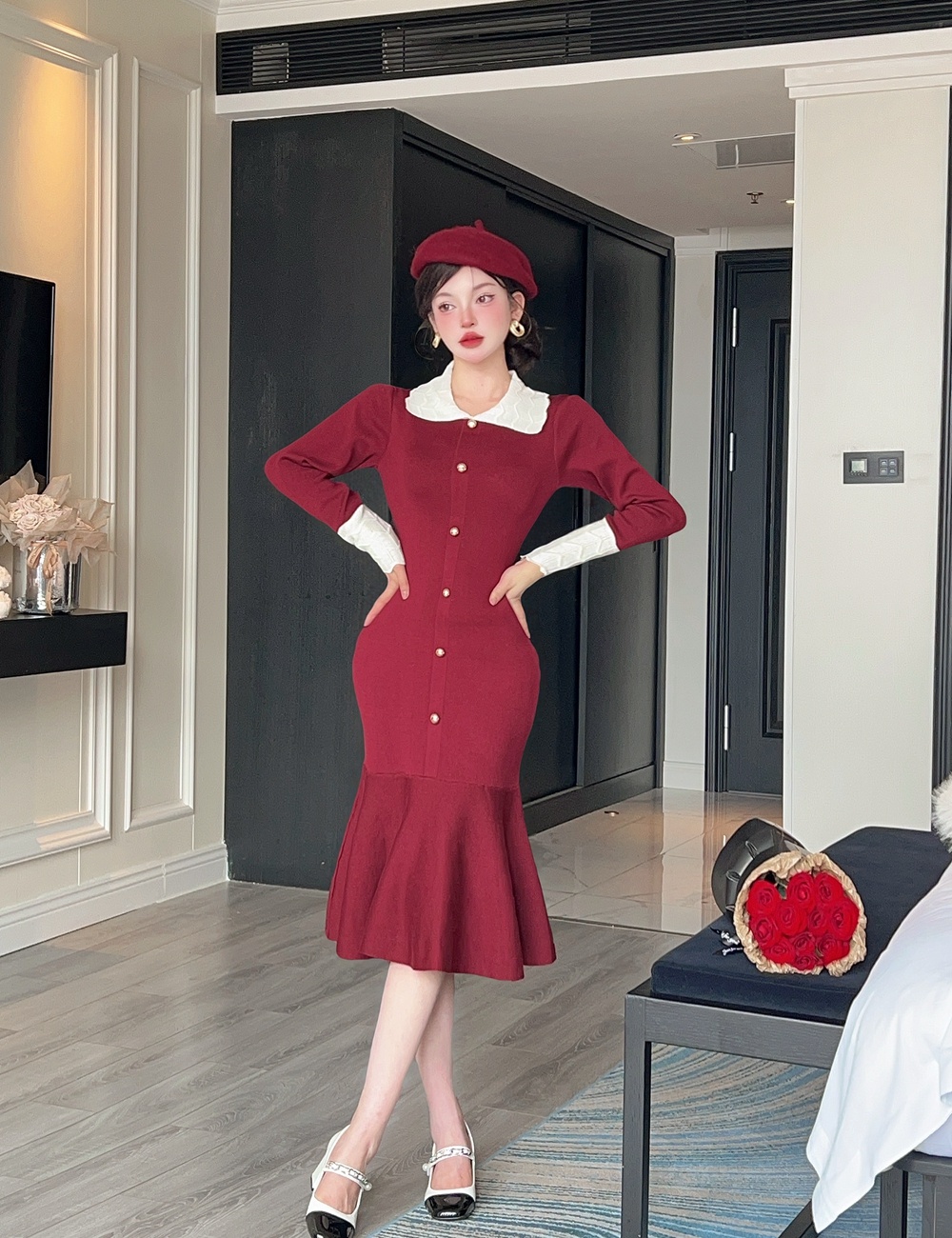 Long sleeve lapel mixed colors pinched waist slim dress
