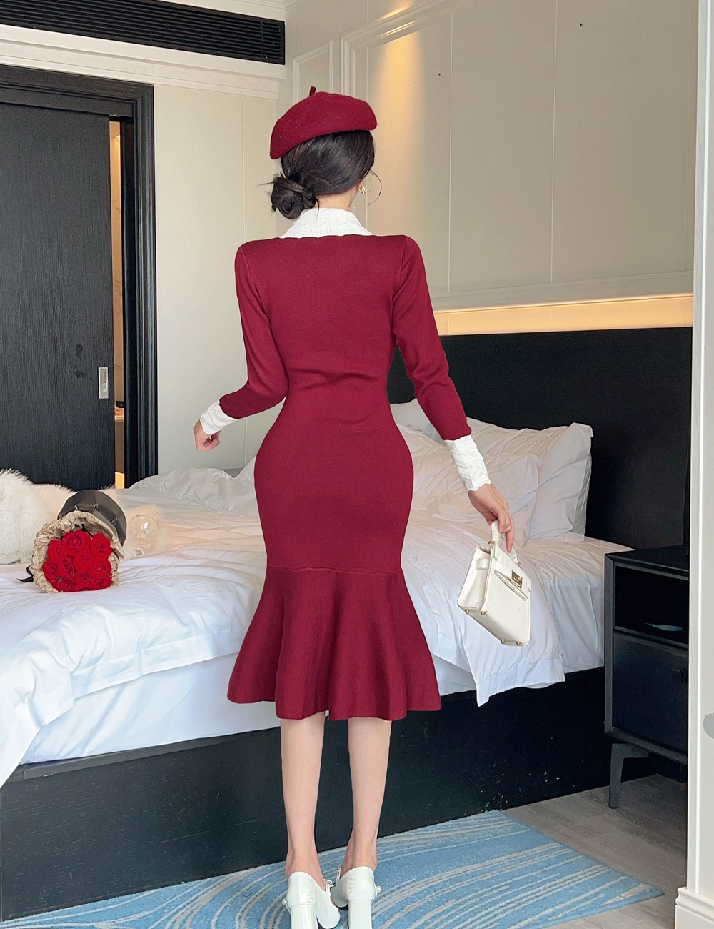 Long sleeve lapel mixed colors pinched waist slim dress