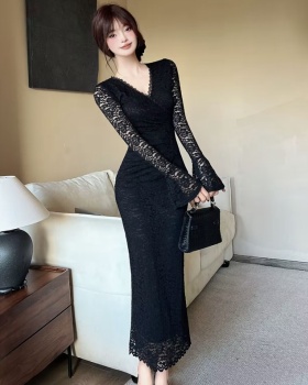 V-neck France style dress lace bottoming long dress for women