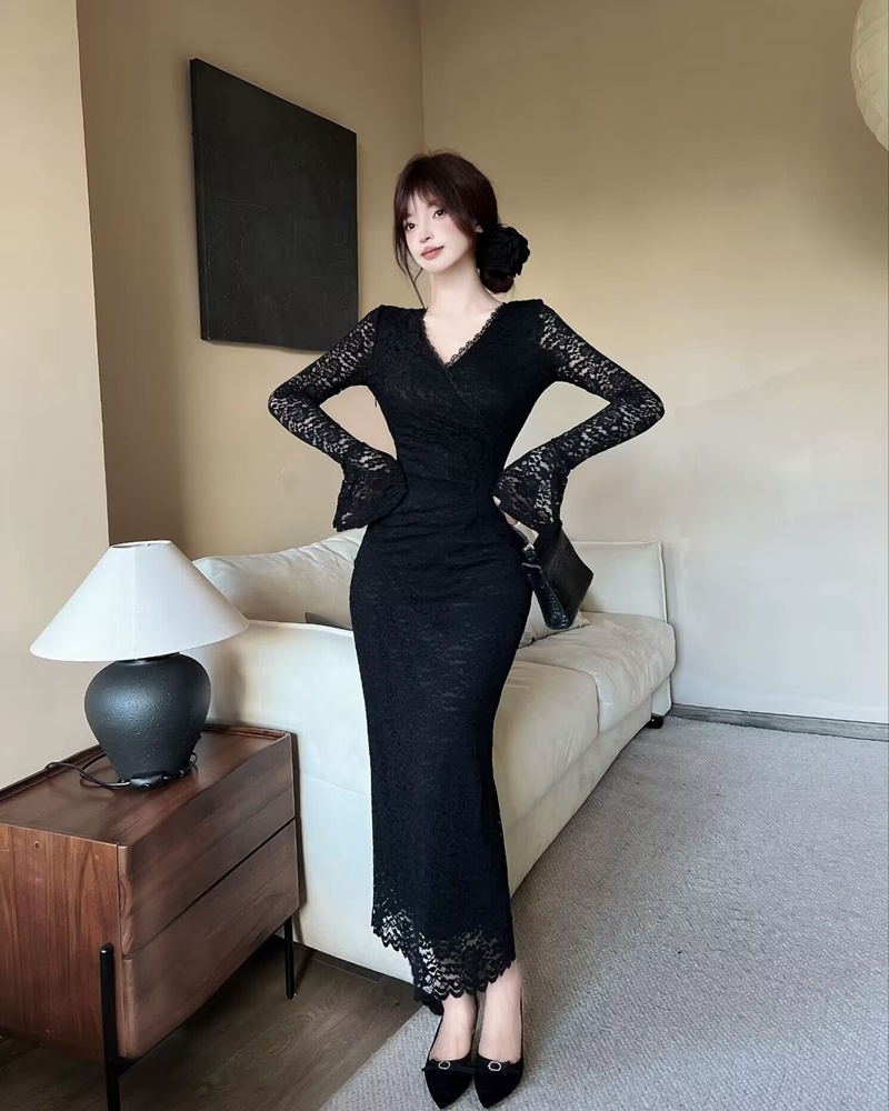 V-neck France style dress lace bottoming long dress for women