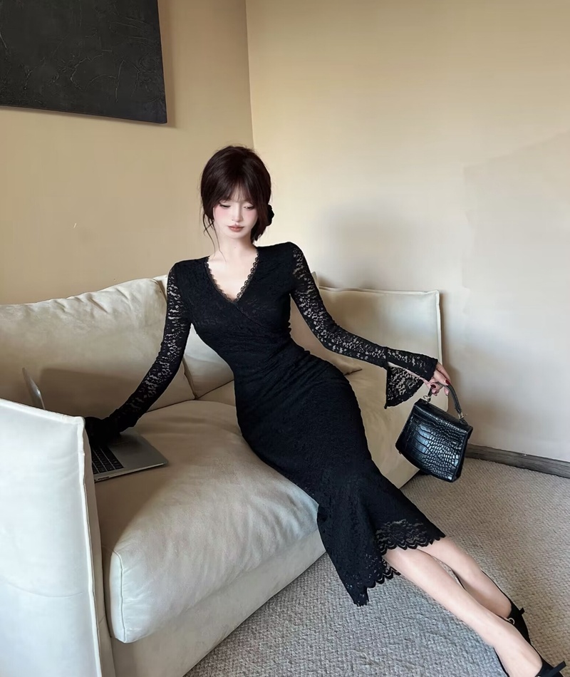 V-neck France style dress lace bottoming long dress for women