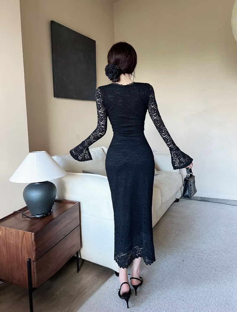 V-neck France style dress lace bottoming long dress for women