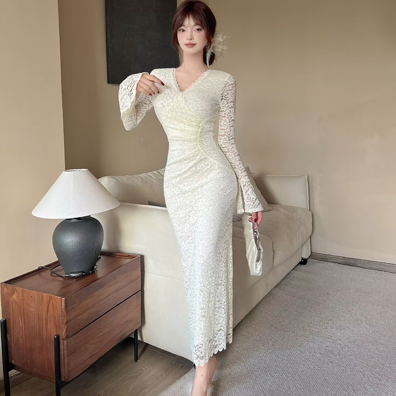 V-neck France style dress lace bottoming long dress for women