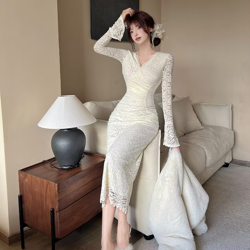 V-neck France style dress lace bottoming long dress for women
