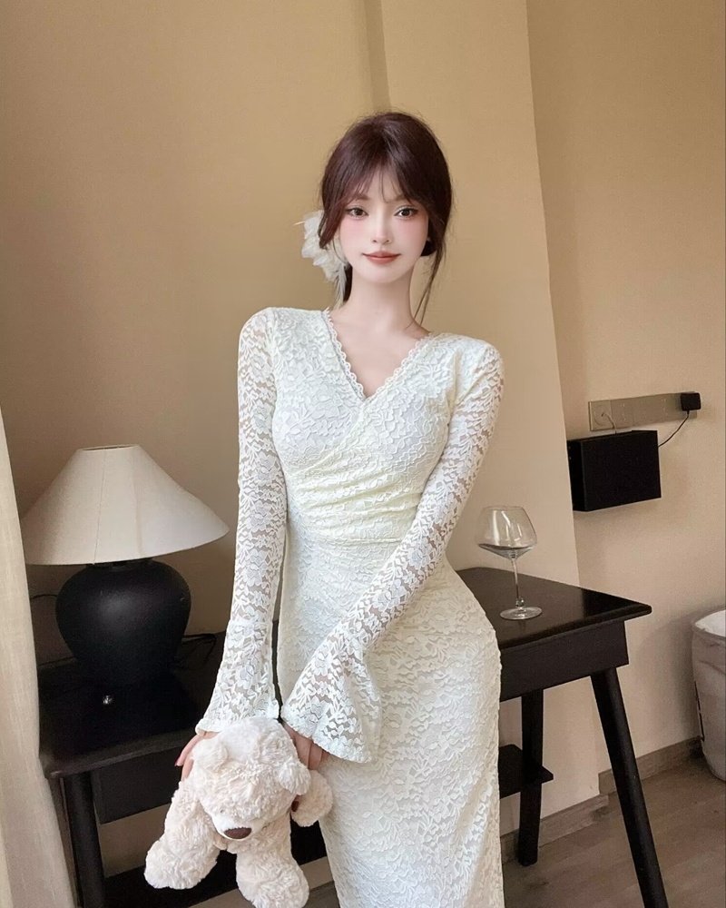 V-neck France style dress lace bottoming long dress for women