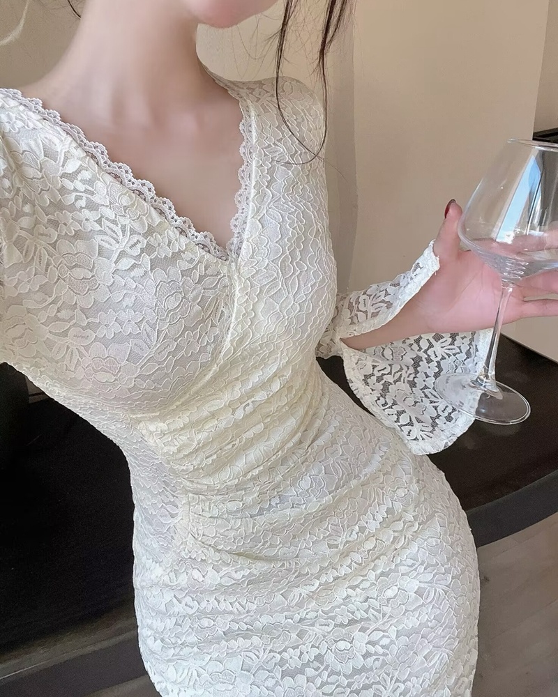 V-neck France style dress lace bottoming long dress for women