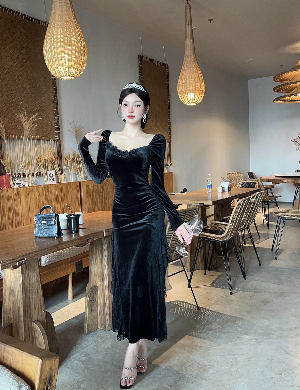 Velvet ladies formal dress temperament dress for women