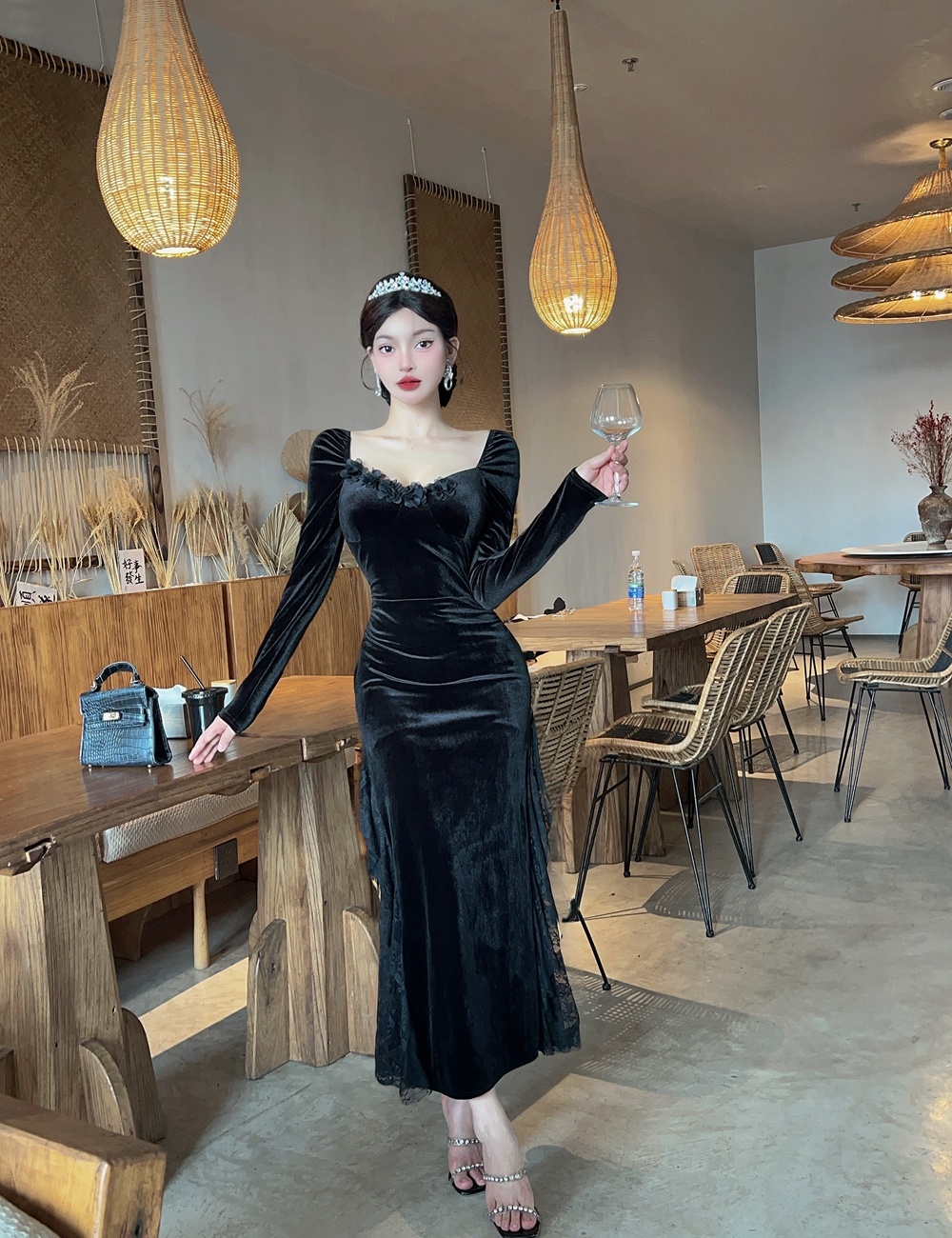 Velvet ladies formal dress temperament dress for women