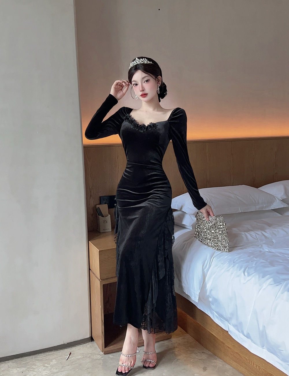 Velvet ladies formal dress temperament dress for women