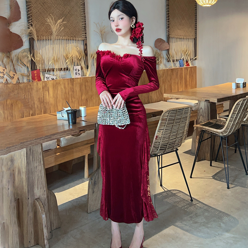 Velvet ladies formal dress temperament dress for women