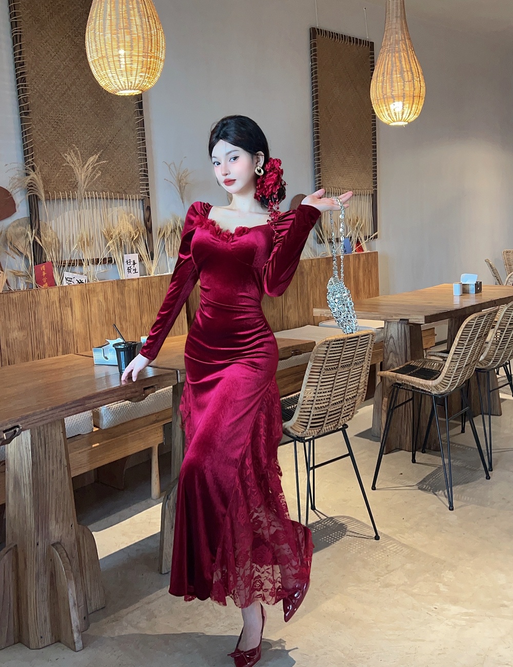 Velvet ladies formal dress temperament dress for women