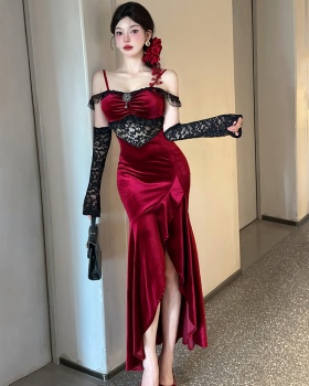 Velvet sling evening dress red long dress for women